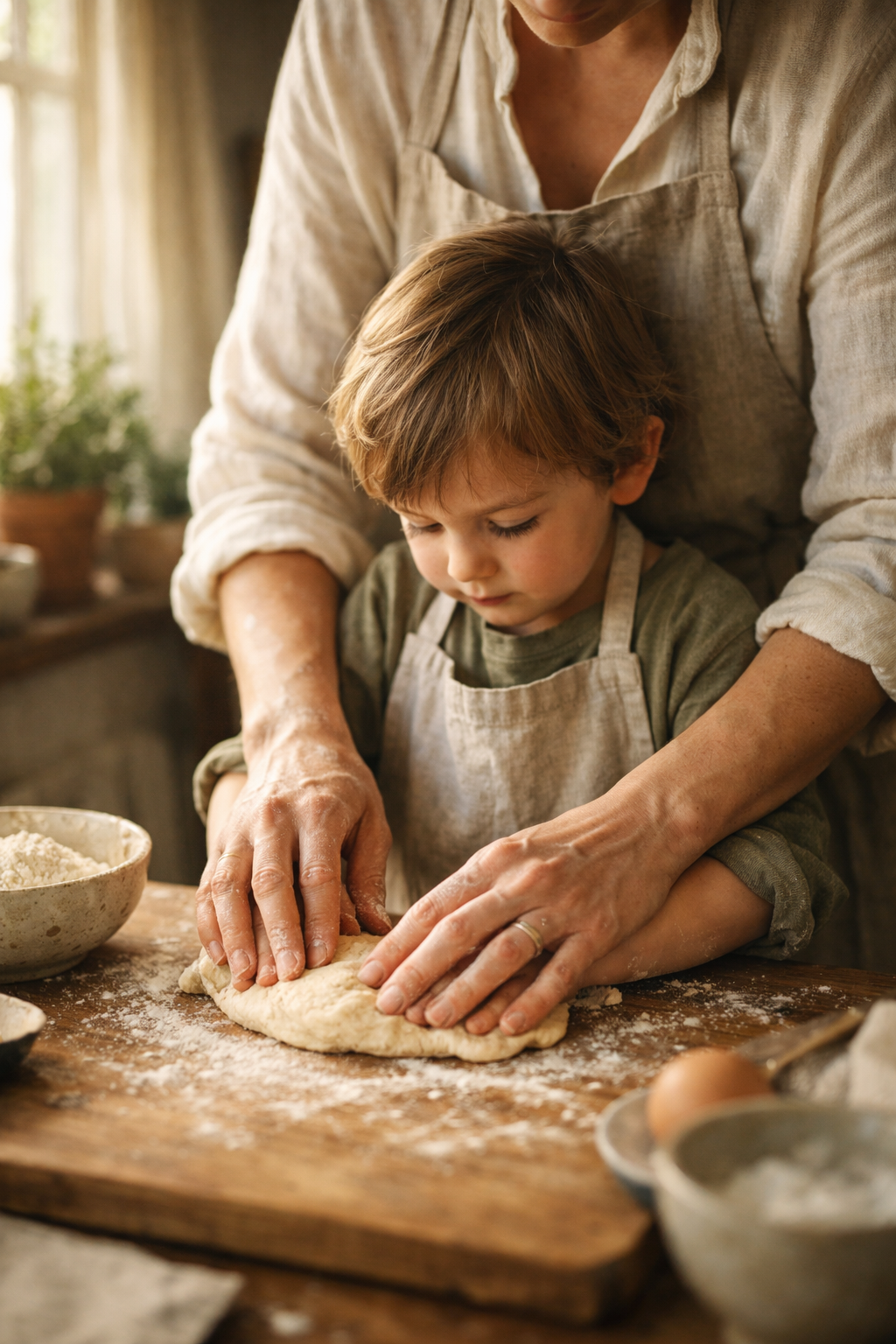 Child and adult working together to knead dough on a wooden table in a home kitchen.