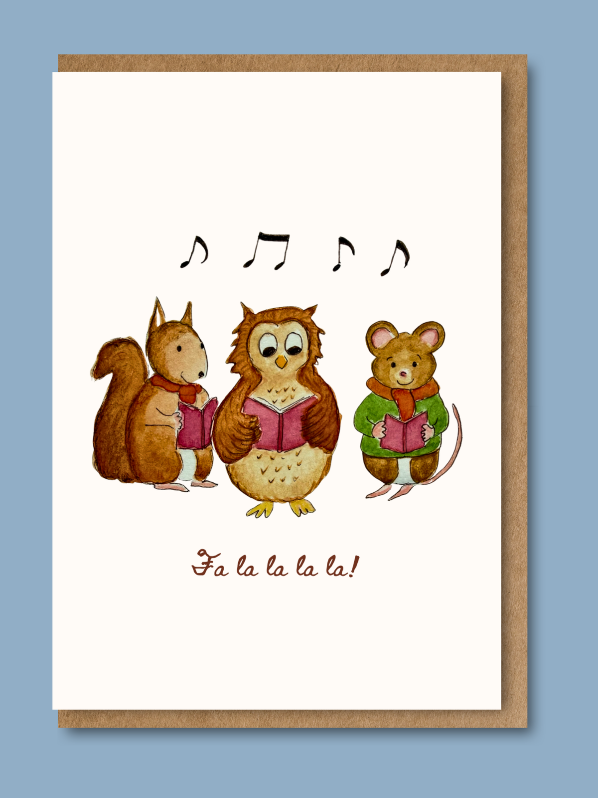 Christmas card with hand-illustrated watercolour squirrel owl and mouse singing Christmas carols