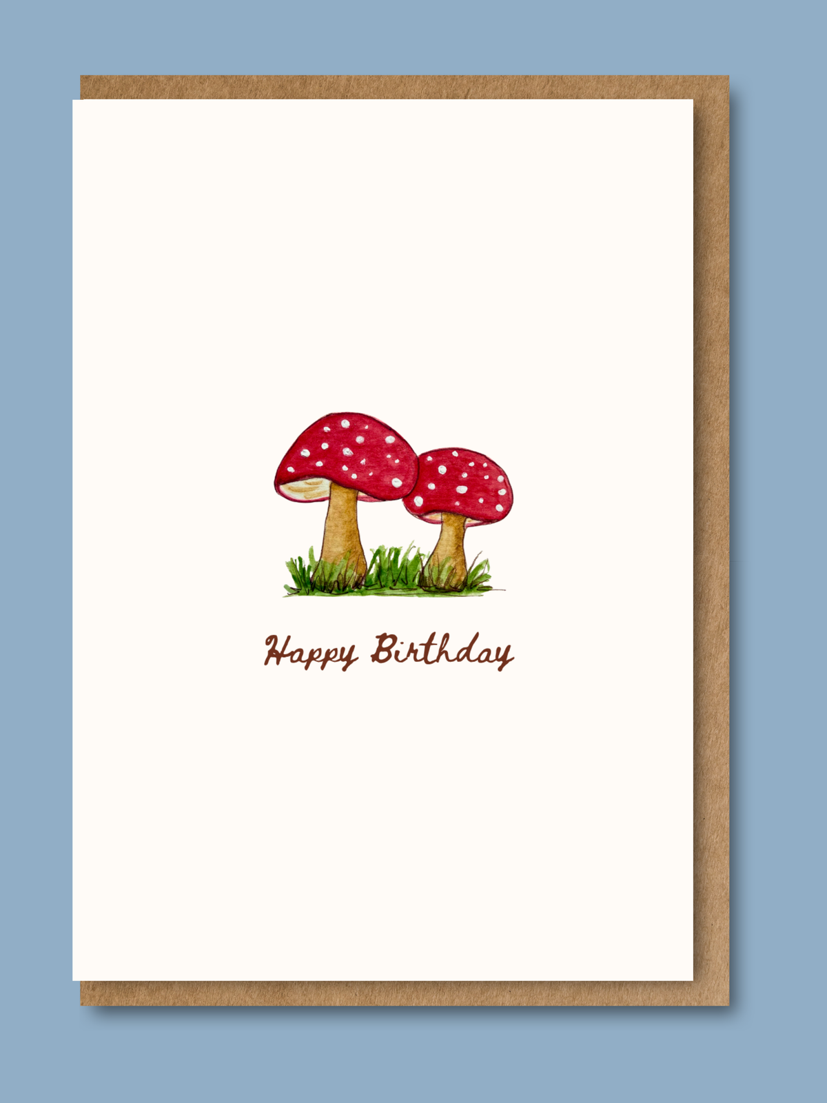 Happy Birthday card with hand-illustrated watercolour red spotted toadstools