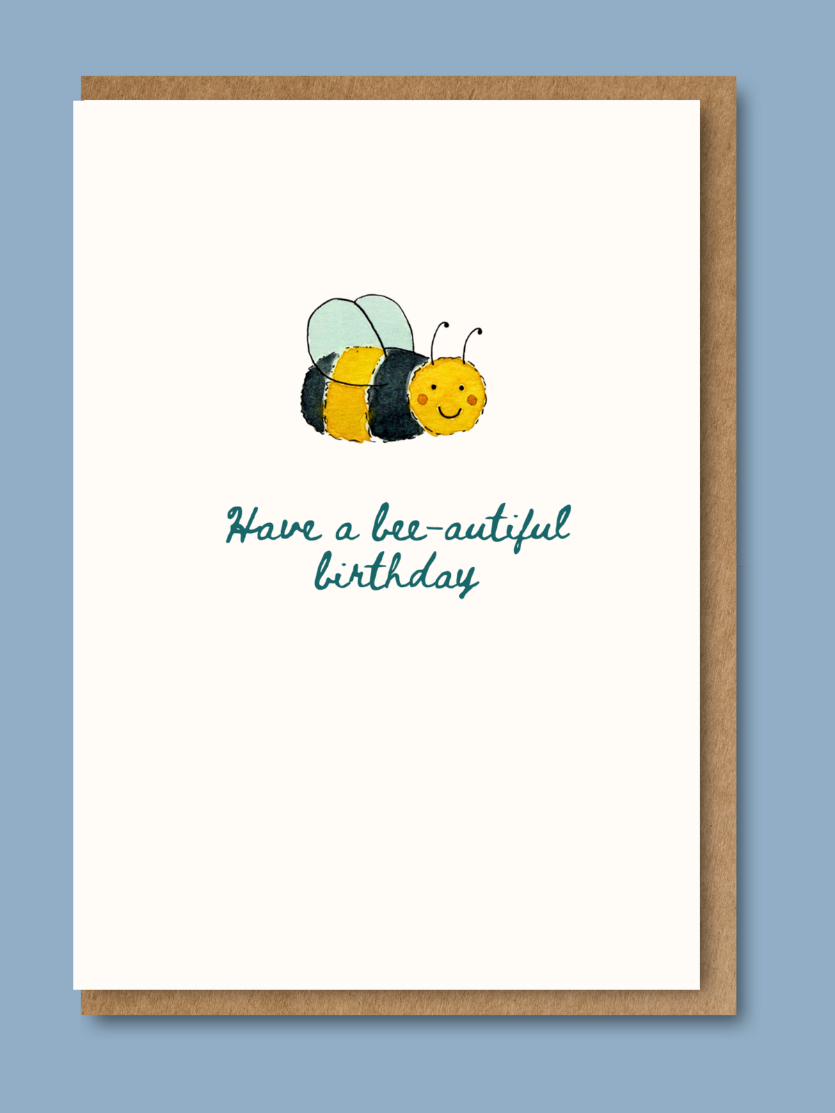 Birthday card with hand-illustrated watercolour bumblebee and Have a bee-autiful birthday message