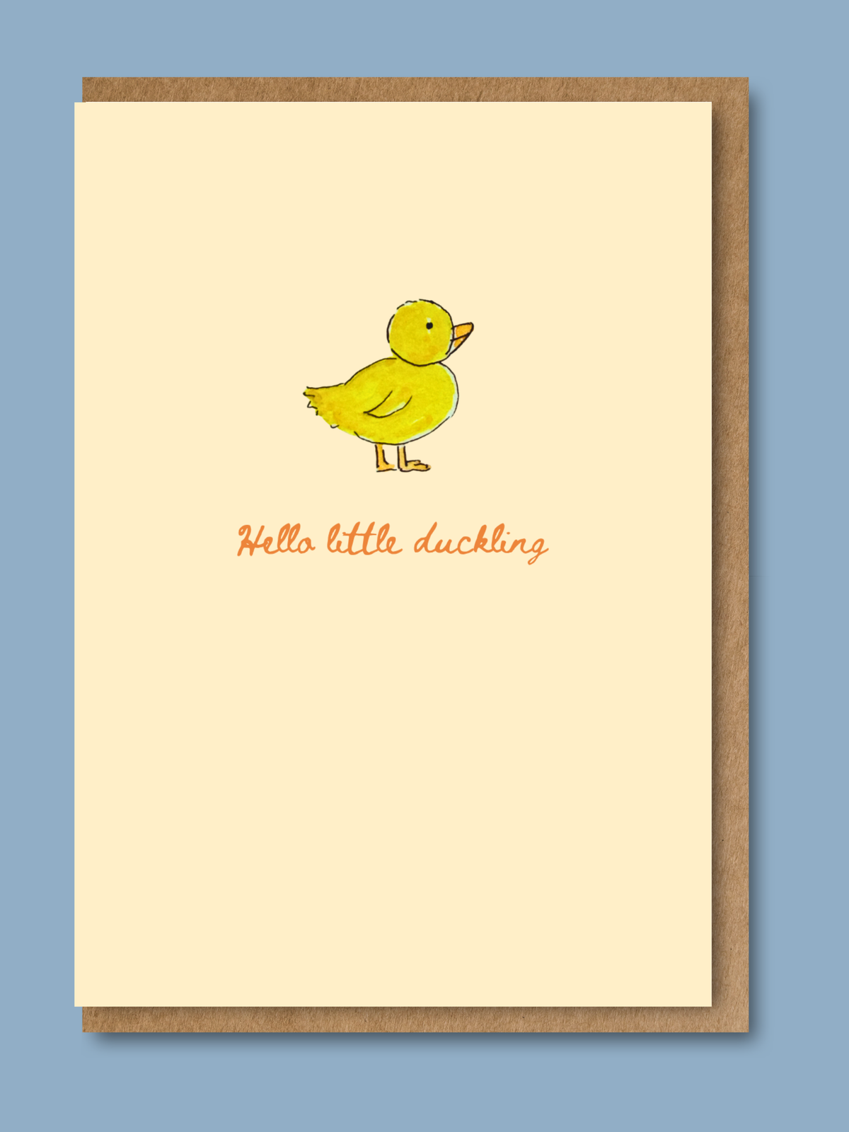 New baby card with hand-illustrated watercolour yellow duckling and Hello little duckling message