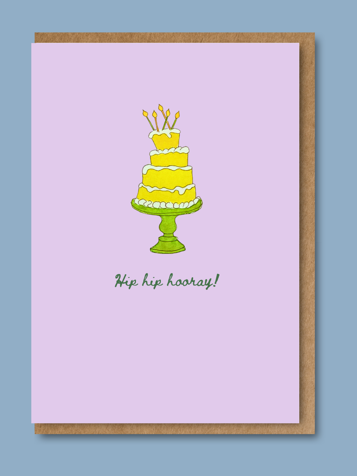 Lilac birthday card with hand-illustrated watercolour birthday cake and Hip hip hooray message