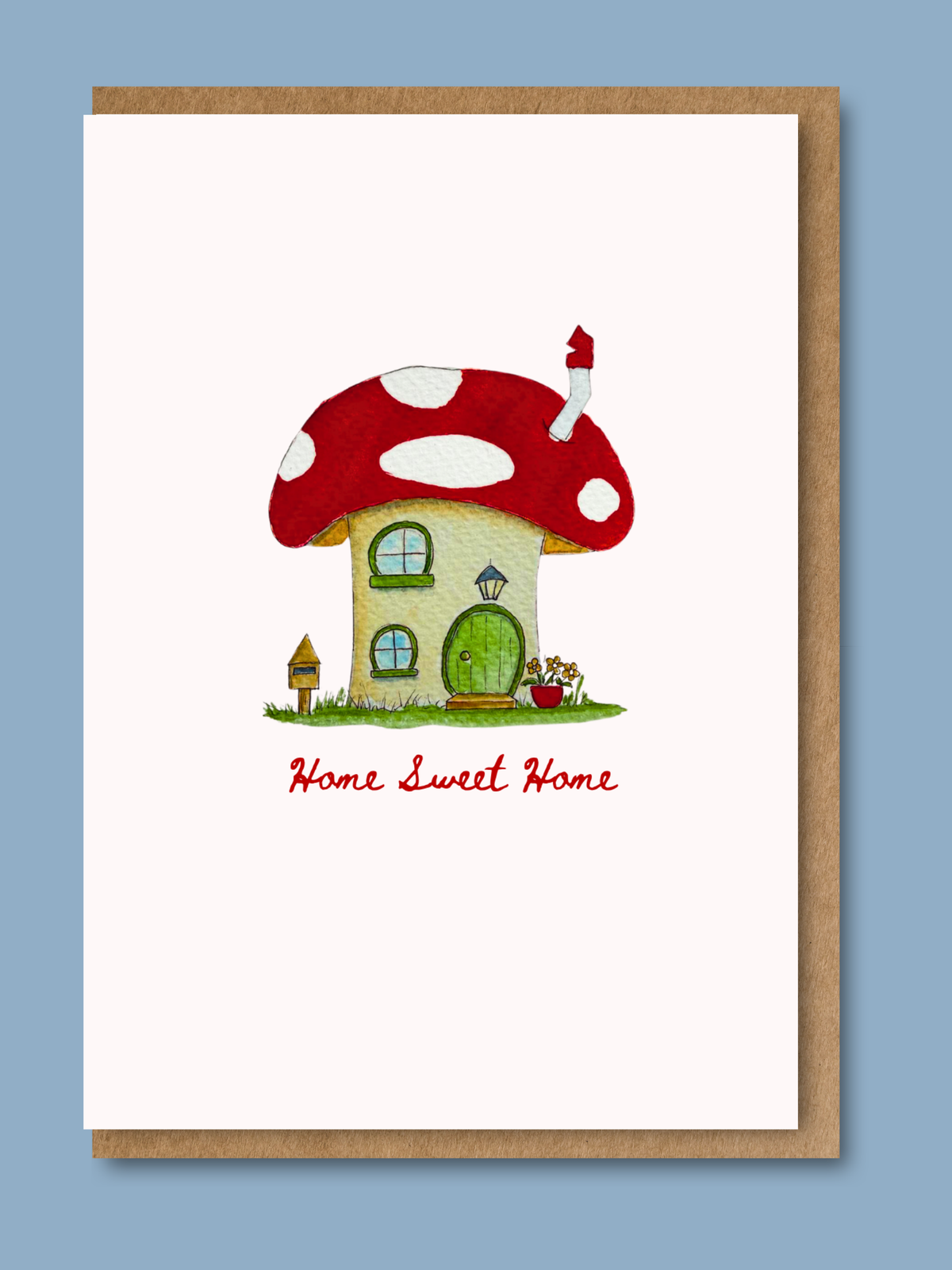 New home card with hand-illustrated watercolour toadstool house and Home Sweet Home message